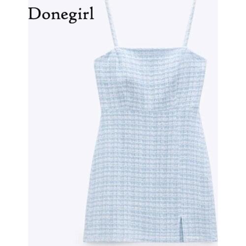 2021 Women Summer Blue Sexy Straps Backless Mini Dress Chic Plaid Tweed Sleeveless Bodycon Party Dresses Ladies Vestido