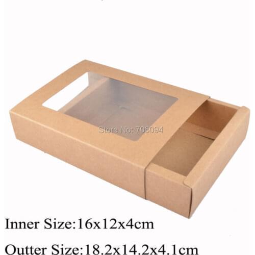 30PCS 16x12x4cm Cosmetic kraft drawer paper box with window Brown kraft handmade gift boxes,Essential oil box,custom box logo