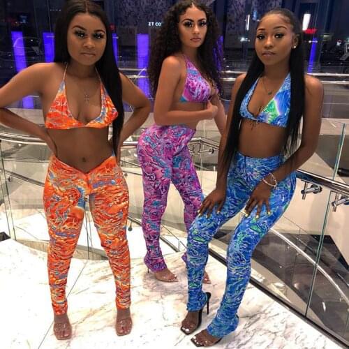 Adogirl Fashion Tie Dye Print Women 2 Piece Sets Halter Crop +Slim Pants Suit Casual Matching Sets Streetwear Outfits Tracksuit