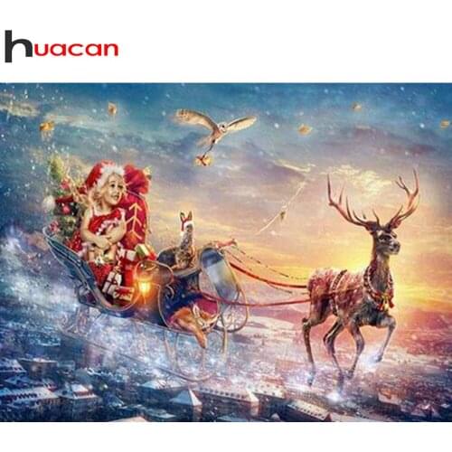 Huacan Diamond Painting New Arrival Christmas Diamond Mosaic Sled Girl Embroidery Deer Cross Stitch Home Decor