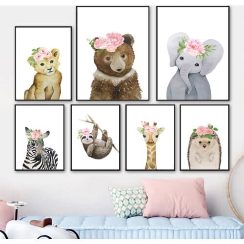 Flower Bear Deer Fox Lion Elephant Safari Nursery Wall Art Prints Canvas Painting Nordic Poster Decor Pictures Baby Kids Room