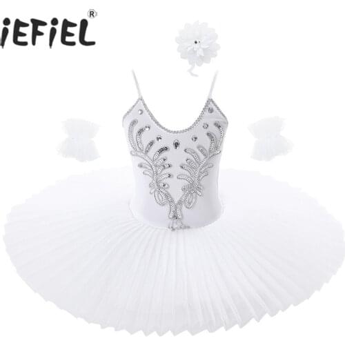 Kids Girls Spaghetti Straps Holographic Beads Ballet Leotard Tutu Dress Swan Dance Costume with Arm Sleeves Contemporary Costume