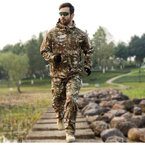 Camouflage suit jacket pants Set men Sharkskin outdoor hunting Ghillie suit sniper camo camping waterproof soft fleece jacket