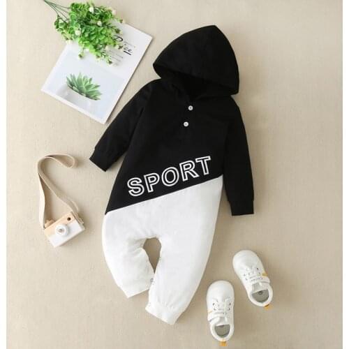 Cotton Baby Girl Clothes Winter Autumn Letter Print Contrast Long Sleeve Hooded Baby Romper Casual Home Baby Boy Clothes 0-12M