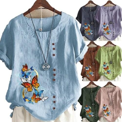 Summer New Style Ladies Casual Printing Loose T-shirt Retro Round Neck Cotton and Linen Plus Size Short-sleeved Shirt S-5XL