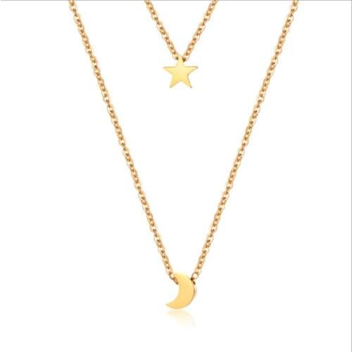 Fashion Accessory Stainless Steel Double Layer Star Moon Necklace Gold-Tone Womens Simple Elegant Necklace