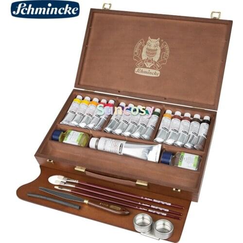Schmincke Mussini Oil Paint Set Wooden Box,15 color x35ml + white 120ml, Wood Box Walnut Stained 10 x 35 ML Tubes set