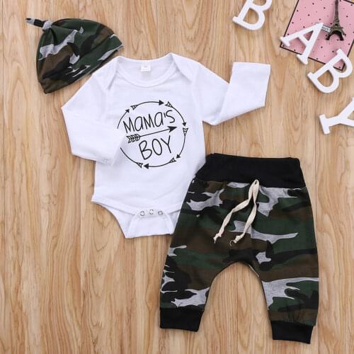 2020 New Arrival 3Pcs Set Newborn Toddler Infant Baby Boy Long Sleeve Tops Romper Camouflage Pants Hat 3Pcs Kids Outfits Clothes