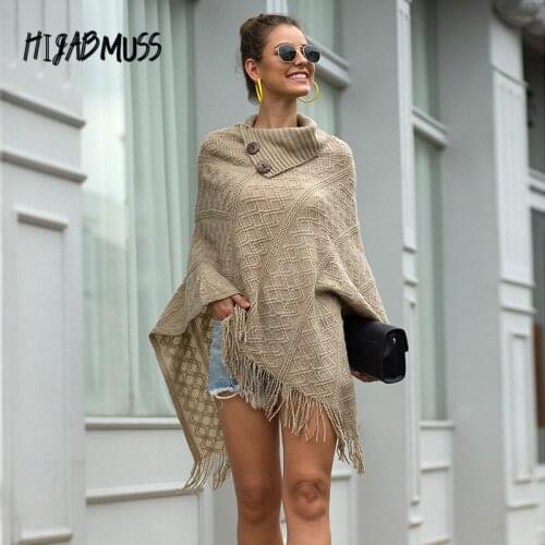 Autumn And Winter New Style 2021 Tassel Cloak Shawl Button Half Open Collar Women Retro Hedging Diamond Check Ladies Sweater