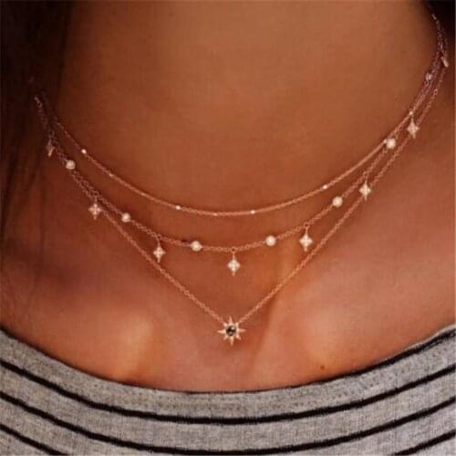LUSION Trendy Gold Color Star Sun Simulated Pearl Multi-layer Choker Necklace Woman Layered Statement Maxi Collar Jewelry Femme