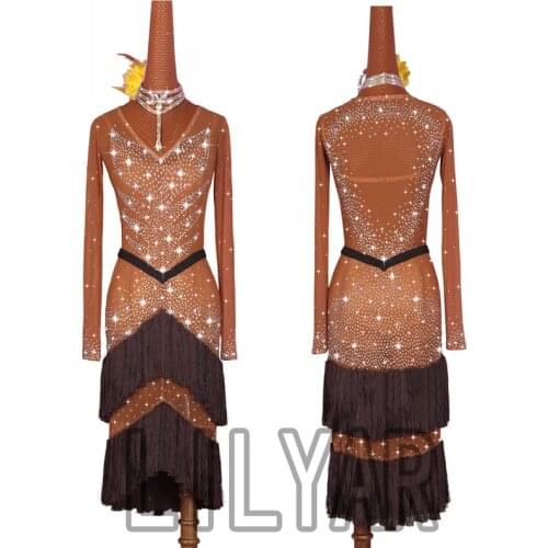 Latin Dance Dress Latin Skirt Competition Dress Costumes Performing Dresses Sparkly Rhinestones Customize Dark Skin Color Tassel