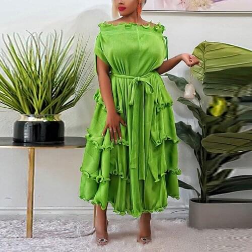 2021 Autumn Winter New Dress for Womens Green Orange Ruffles Off the Shoulder High Waisted Fashion Elegant Dinner Party Robes