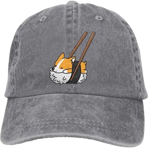 Adjustable Solid Color Baseball Cap Corgi Sushi Funny Dog Nice Gift Washed Cotton Sushi Corgi Kwaii Dog Humor Foods Sports Hat