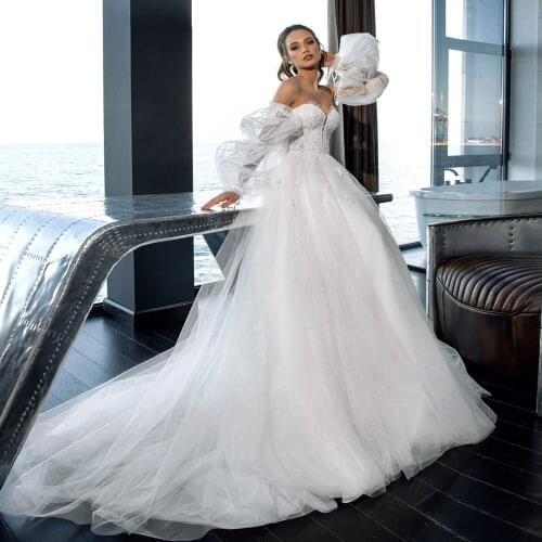 A Line Sweetheart Off the Shoulder Bohemian Wedding Dresses Lace Appliques Simple Tulle Floor Length Bridal Gown Robe de Mariee