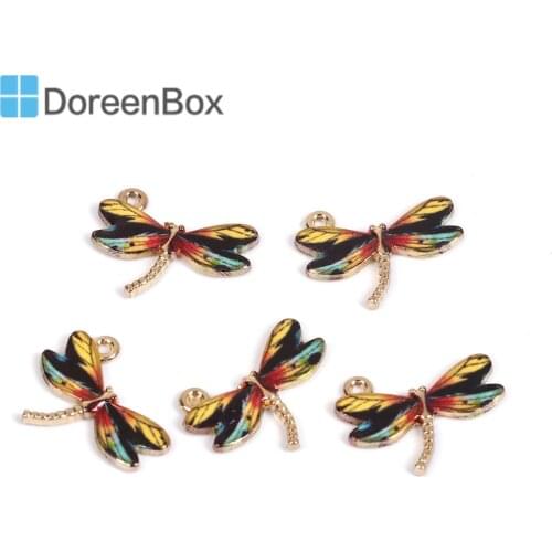 10 PCs Doreen Box Dragonfly Animal Charms Zinc Alloy Yellow Blue Pink Enamel Fashion DIY Jewelry Making Findings 22mm x 17mm