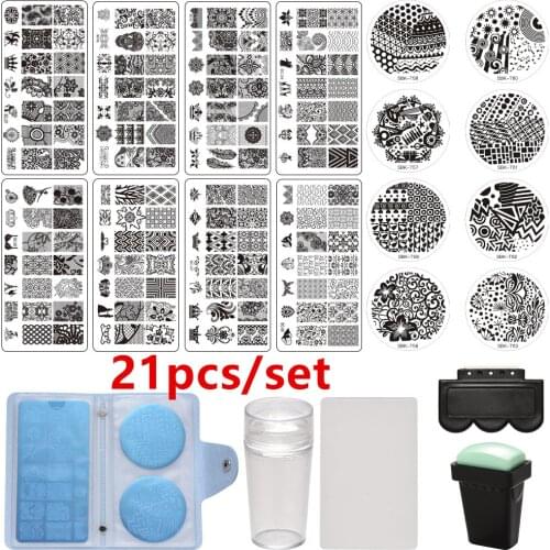 21pcs/Set Nail Art Stamp Plate Leaf Flower Dreamcatcher Snowflake Geometry Lace Nail Polish Print Jelly Stamper Scrapper Tool