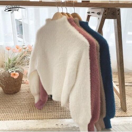 Womens Winter Sweaters Lantern Sleeve Soft Waxy Mink Sweater Thick Retro Half High Neck Pullover All-match Top 16532