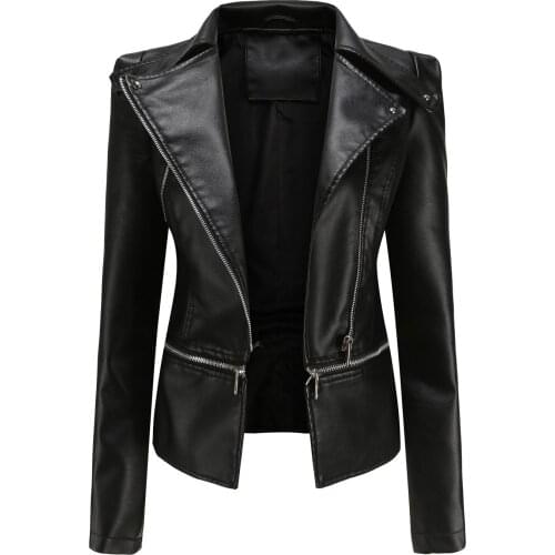 Loose Fit Big Size Asymmetrical Pu Leather Jacket New Lapel Long Sleeve Women Coat Fashion Spring Autumn 2021
