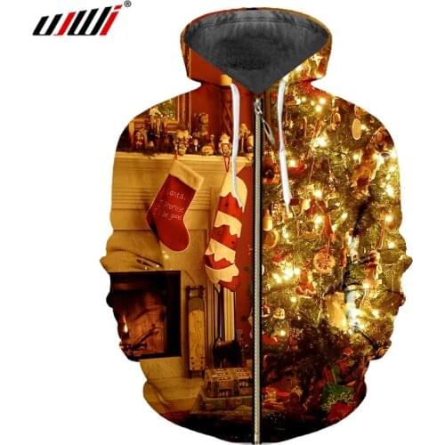 UJIW Hoodie Men Women Zipper Sweatshirt 3D Print Holiday Santa Funny Christmas Gift Autumn Coat Casual Streetwear Zip Tops