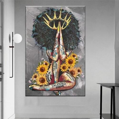Unique Talented Enough Poster for Birthday gift -Sunflower Afro Girl I Am Strong Smart Talented Enough Satin Portrait Poster Fra