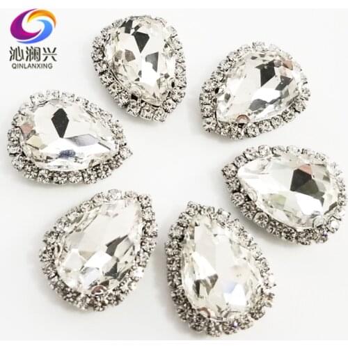 Factory sales Top grade Silver bottom Glass Crystal buckle,white Drop shape sew on rhinestones,Diy/wedding decoration