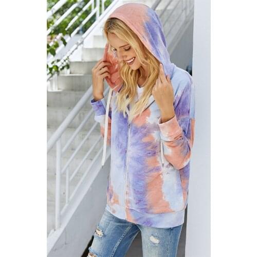 Female tie-dye print hooded sweatshirts zipper up closure fashion autumn basic clothes ladies street wear womens outfits