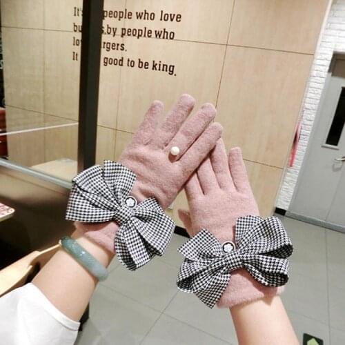 Cashmere Gloves Houndstooth Bow Pendant Ring Cashmere Gloves Fashion Korean Winter Warmth Finger Touch Screen Gloves Women