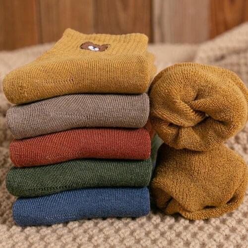 Women Socks Funny Cute Cartoon Bear Embroidery Cotton Thick Socks Harajuku Casual Solid Warm Winter Ins Student Gril Streetwear