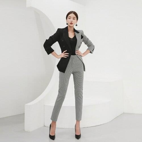 New Fashion Pants Suits Women Blazer Two Piece Set Plaid Color Contrast Jacket & Hight Waist Pencil Trousers Long Pant Suit
