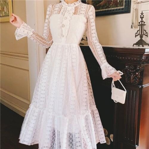 JSXDHK Autumn Winter Long Party Dress Luxury Women Lace Patchwork Hollow Out White Dress Elegant Flare Sleeve Ball Gown Vestidos