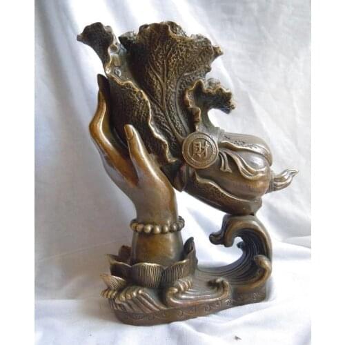10" China Brass copper carved fine luck Buddha hand cabbage sculpture Statue