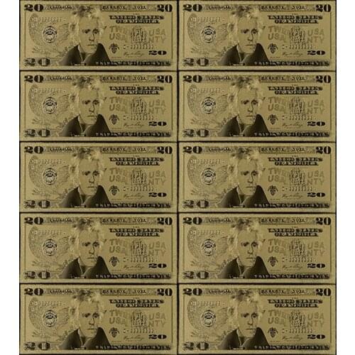 10pcs/lot Exquisite Gold 24K 20 US Dollar Bill Colored 24k Gold Banknote for Patriotism Souvenir Collection