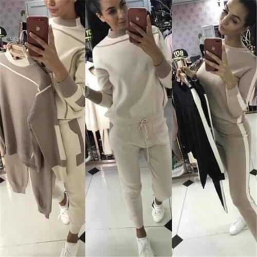 2020 Special Offer O-neck Women Sweaters And Pullovers Suits New Knit Suit Hit Color Sweater Trousers Two-piece Female