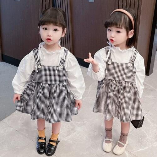 2021 spring kids girl clothes baby outfit sets T-shirt tops plaid sstrap dress suit for children girls clothing birthday sets