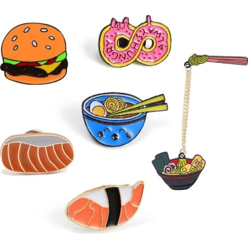 Japanese Foods Brooches Cute Ramen Sushi Noodles Salmon Hamburger Enamel Pin Shirt Jackets Lapel Pins Badge Cartoon Jewelry Gift