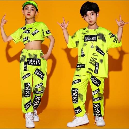 ChildrenS Hip-Hop Dance Clothes Summer Fluorescent Color Hiphop Loose Suit Girls Boys Jazz Performance Street Dancewear DQS7469