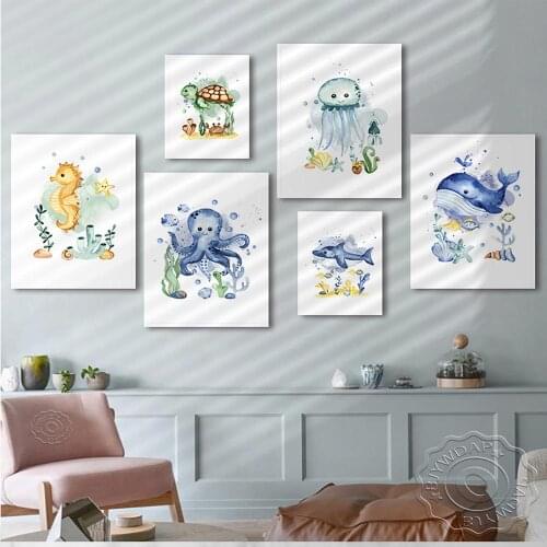Child Poster Octopus Whale Shark Marine Animal Nursery Canvas Art Print Education Wall Picture Painting Baby Kids Room Decor