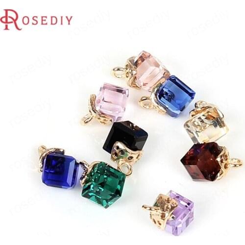 F574)10 pieces 8x8mm Gold Color Plated with Glass Cube Earring Charms Pendants Diy Jewelry Findings Accessories Wholesale