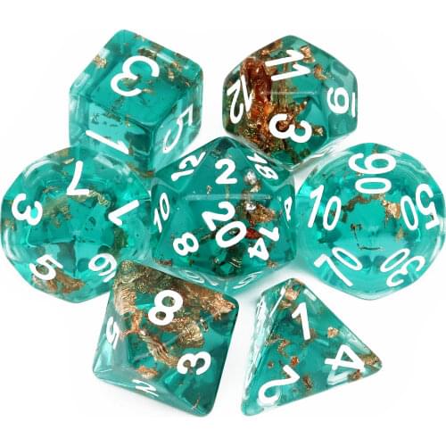 Haxtec Teal Rosegold Foil DND Dice Set 7PC D4 D6 D8 D12 D10 D% D20 Resin D&D Polyhedral Dice