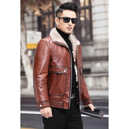 Genuine Leather Clothes Mens Cowhide Mink Fur Liner Business Casual Marten Overcoats Winter Warm Jacket