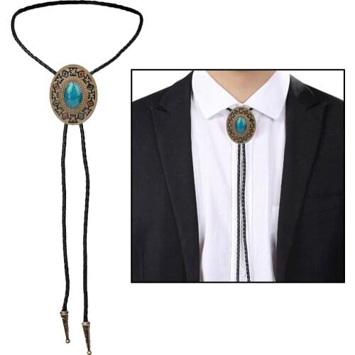 Western Cowboy Tie for Men Bolo Tie Black Handmade Rodeo Texas Necktie with Natural Turquoise Stone