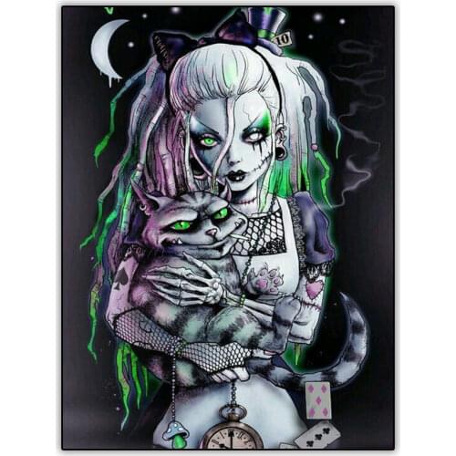 5d DIY Diamond Painting Set Skull Girl and Cat Horror Picture Full Drill Square Diamond Paint Mosaic Embroidery Cross Stitch Kit