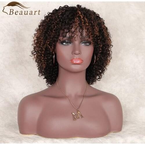 Beauart Bob Wig 100% Human Hair Machine Wig 11"Highlight Kinky Curly Wig For Black Women With Bangs Wave None Lace Front Wig