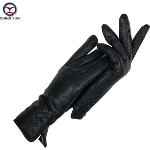 CHING YUN 2019 Womens Gloves Winter Genuine Leather Buckskin Woman Flannel lining Female Black about Button fashion Mittens