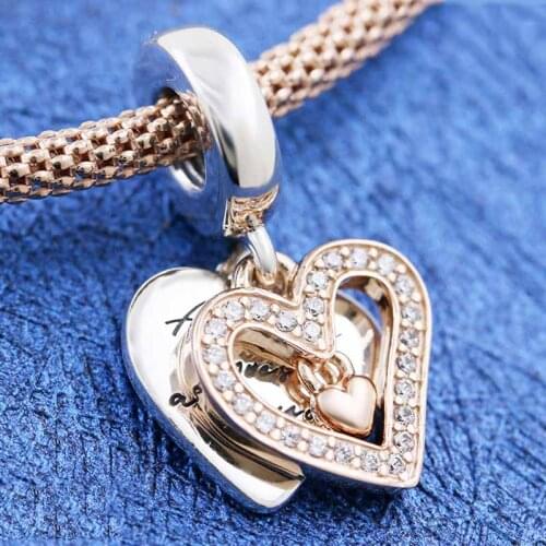 Original Rose Gold Sparkling Freehand Heart With Crystal Pendant Bead Fit 925 Sterling Silver Charm Europe Bracelet Diy Jewelry