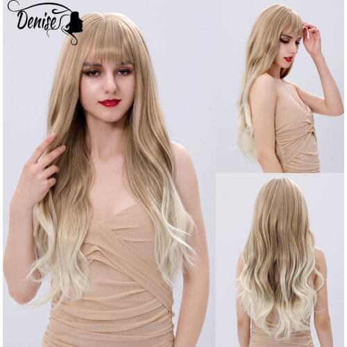 Blonde Long Wave Hair Ombre Natural Synthetic Wig For White Women With Bangs Heat Resistant Cosplay Daily Fiber Female Wigs