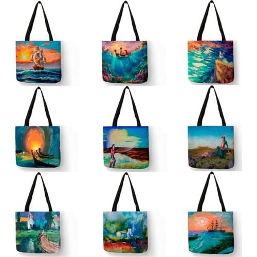 SY0087 Sea Beach Scenery Painting Fabric Bag Women Handbags Designer Totes School Shoulder Shopping Bags for Travel