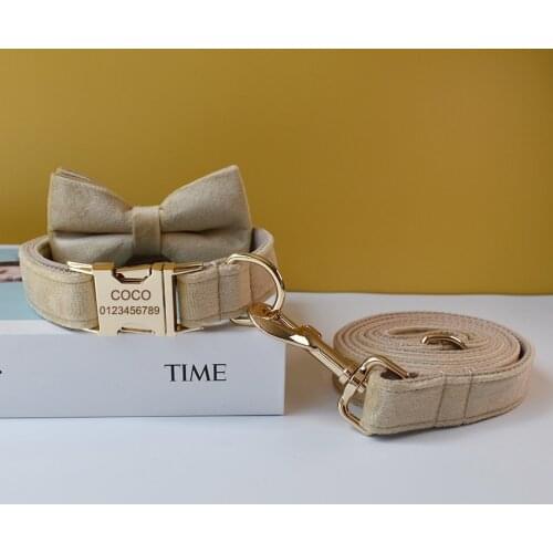 Free Engrave Fabric Dog Collar Leash Set For Medium Big Pet Necklace With Bow Tie Khaki Velvet Name Necklace flannelette09