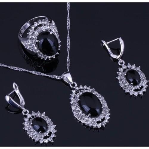 Prominent Huge Oval Black Cubic Zirconia White CZ Silver Plated Jewelry Sets Earrings Pendant Chain Ring V0267