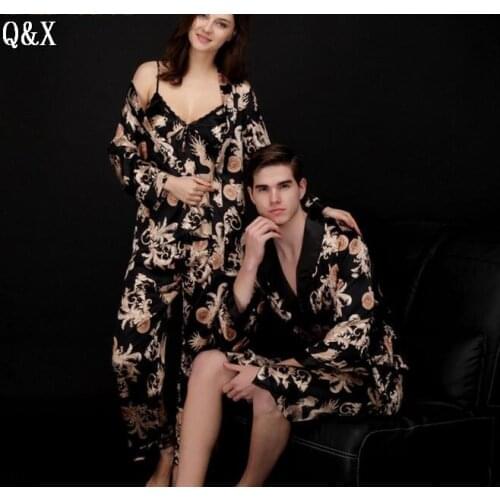 YT5 2017 Spring and Autumn Pajamas For Men Pyjamas Sexy Long Sleeve Faux Silk Sleepwear Couple Pajamas Lover Men Night Gown